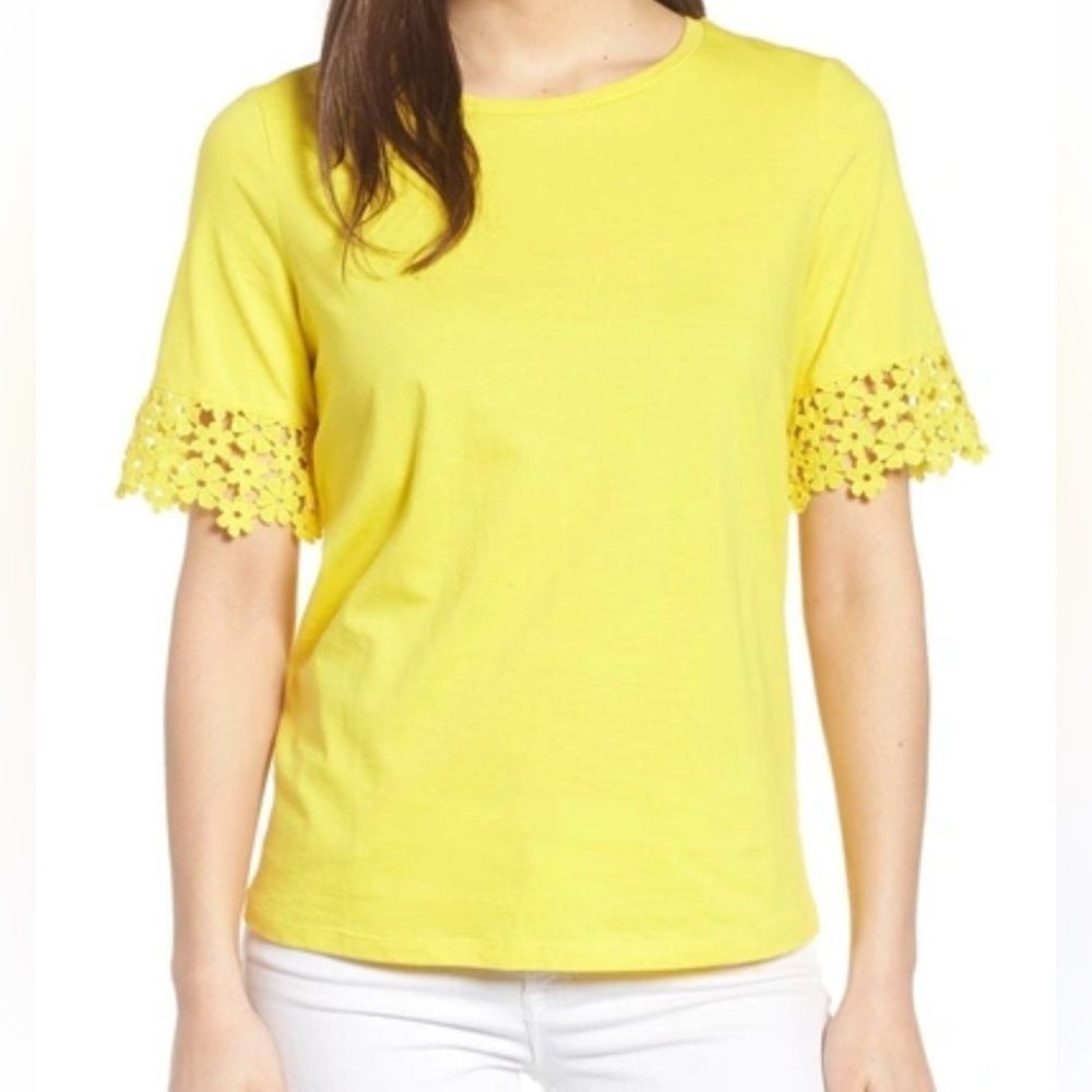 Draper James Women's Yellow Palmetto Lace Tee Shirt Size M Short Sleeve Casual